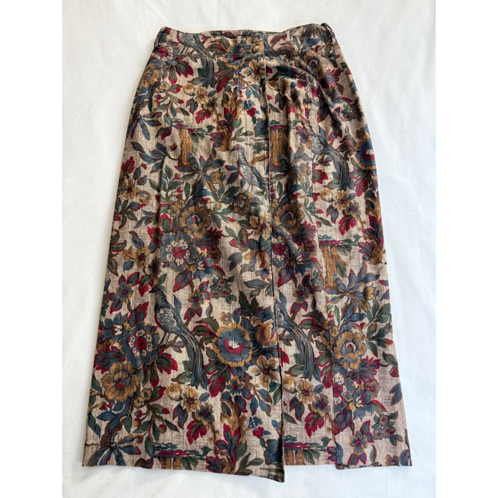 Bushwacker USA Vintage Corduroy Floral Bird Tapestry Wrap Midi Skirt Brown 12